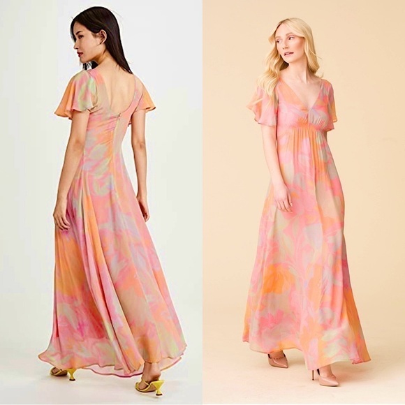VEDA Bright Floral Short Flutter Sleeve V-Neck Ruched Empire Waist Maxi Dress XS - Picture 6 of 16